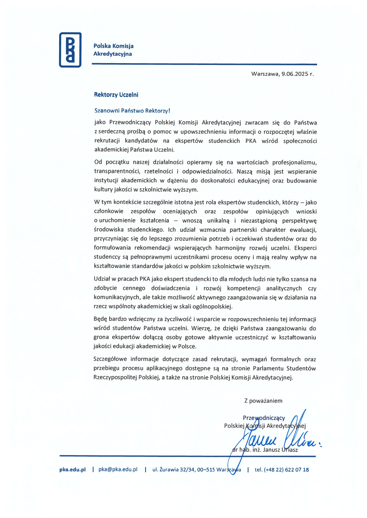 List z Polskiej Komisji Akredytacyjnej dot. rekrutacji kandydatów na ekspertów studenckich PKA.