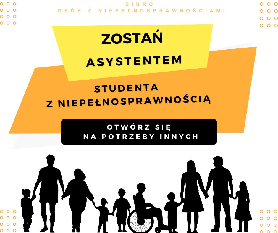 Cienie grupy osób trzymających się za ręce, na górze napis- zostań asystentem studenta z niepeł