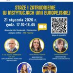 Plakat prezentujący prelegentów w ramach spotkania dot. staży i zatrudnienia w instytucjach UE