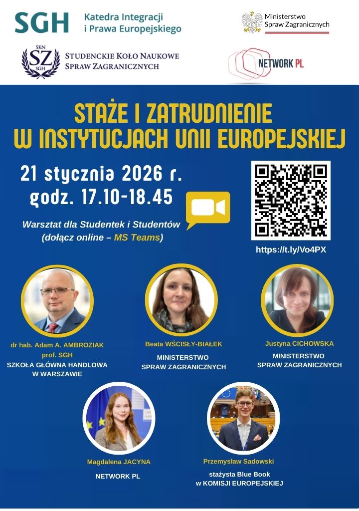 Plakat prezentujący prelegentów w ramach spotkania dot. staży i zatrudnienia w instytucjach UE